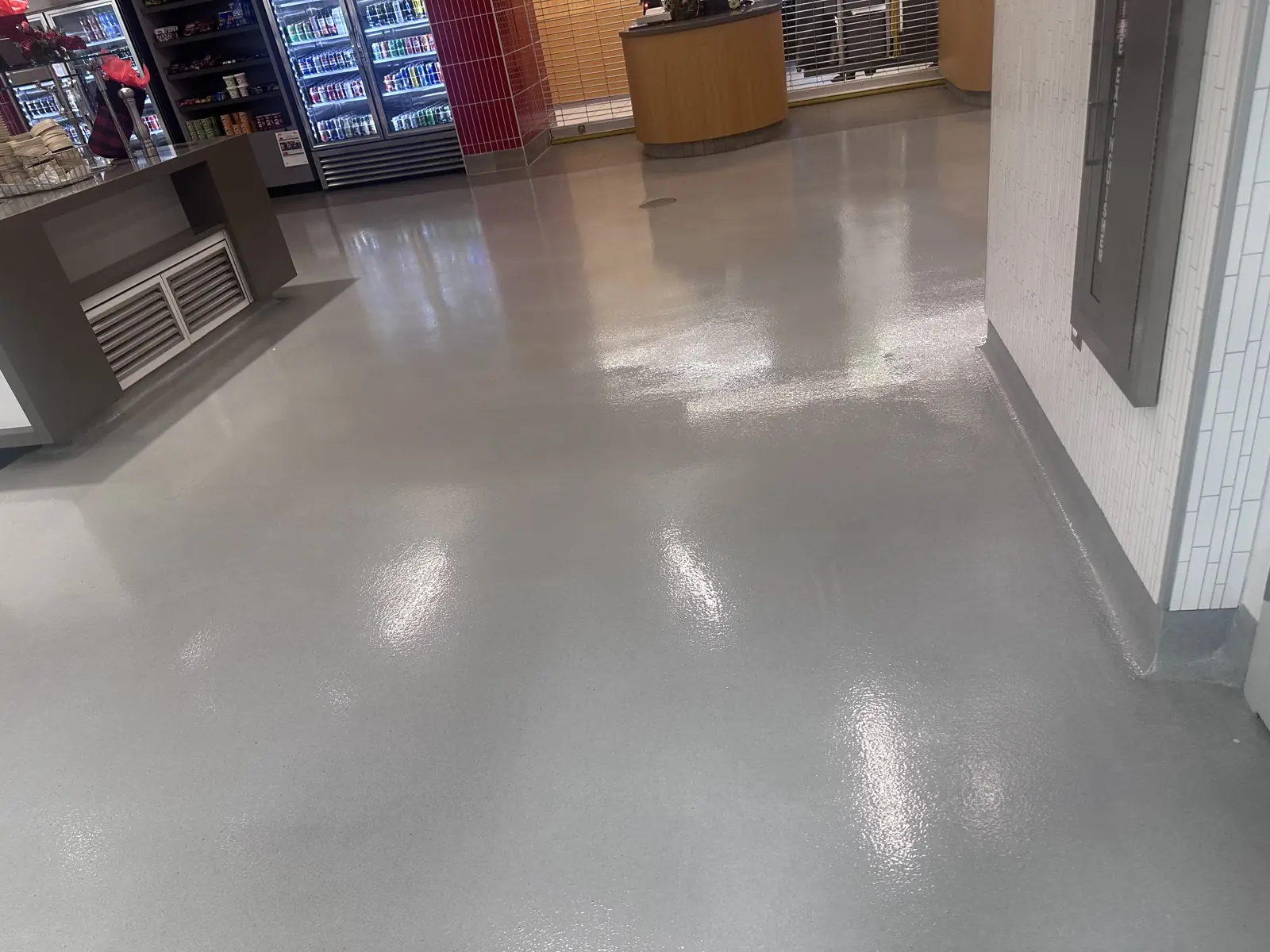 Refinished café floor with a high-gloss finish